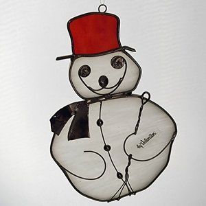 Vintage By Valentein Suncatcher Ornament Stained Glass and Metal Snowman Holiday